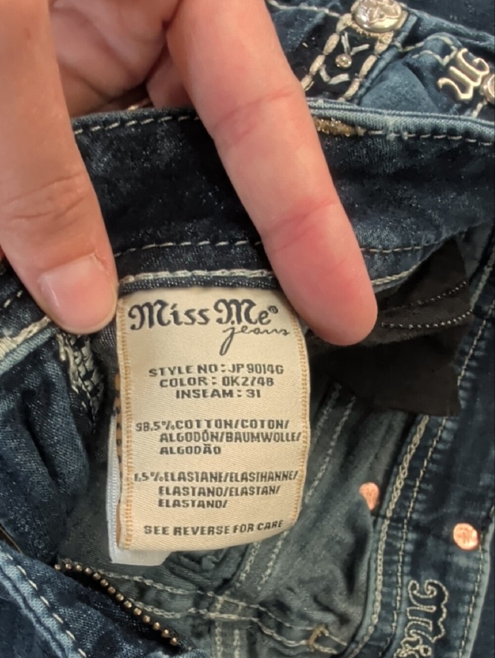 Miss Me Dark Blue Skinny Jeans with Contrast Stitching - Picture 5 of 6